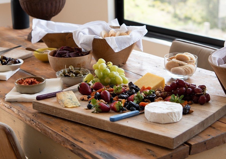 different cheeses and fruits